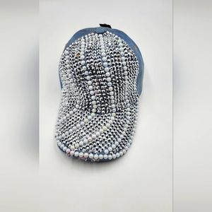NWT One size fit  denim cap with rhinestones pearls distressed baseball cap